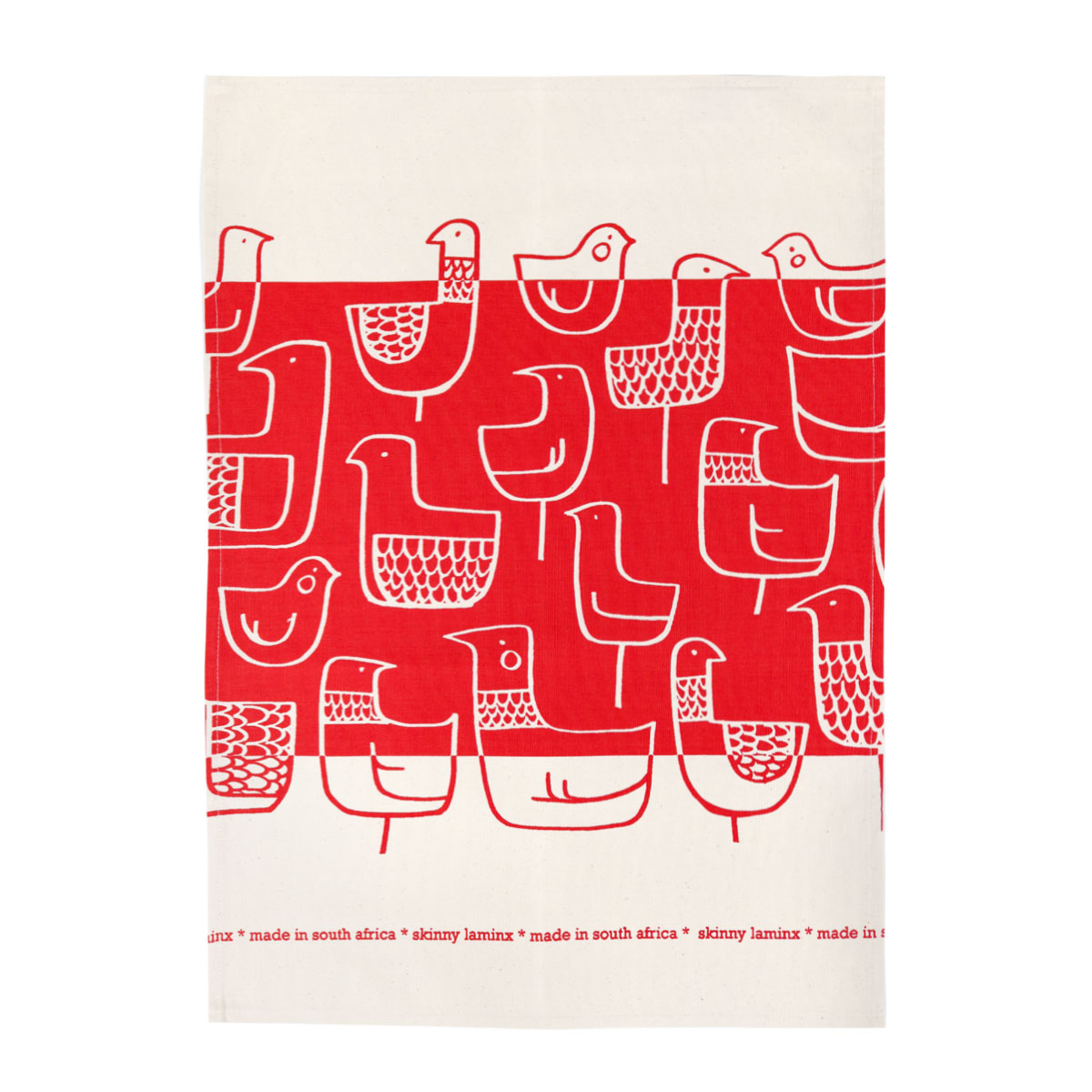 Red linen tea towel with bird designs. Text reads "made in south africa" and "skinny laminx."